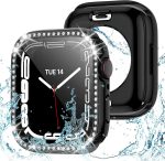 2 in 1 Bling Waterproof Case for Apple Watch Series 8 7 41mm, 360 Protective PC Cover Front & Back Bumper with Tempered Glass Screen Protector, Crystal Diamond iWatch Cases for Women, 41mm Silver